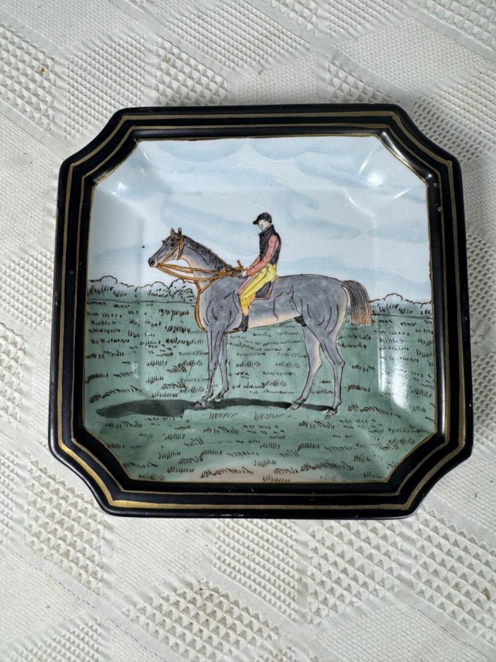 Equestrian Themed Decorative Ceramic Plate w Gold Trim Octagonal Shape Vintage